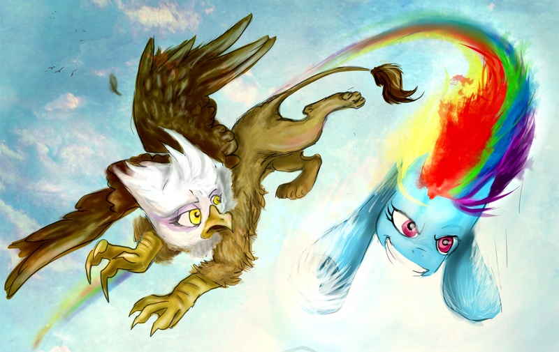 Size: 1900x1200 | Tagged: safe, artist:cruelseptember, derpibooru import, gilda, rainbow dash, gryphon, pegasus, pony, cloud, cloudy, sky, sonic rainboom