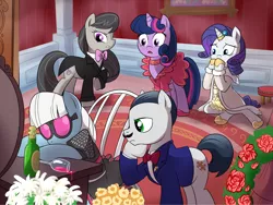 Size: 1500x1126 | Tagged: artist:madmax, clothes, death, derpibooru import, dress, hercule poirot, murder, octavia is not amused, octavia melody, photo finish, poison, ponified, rarity, safe, twilight sparkle, unamused