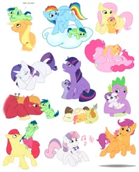 Size: 1242x1544 | Tagged: safe, artist:arcticwaters, derpibooru import, apple bloom, applejack, big macintosh, fluttershy, pinkie pie, pound cake, pumpkin cake, rainbow dash, rarity, scootaloo, spike, sweetie belle, twilight sparkle, oc, dragon, earth pony, pegasus, pony, unicorn, appledash, colt, female, filly, flutterpie, foal, lesbian, magical lesbian spawn, male, mare, offspring, older, rarilight, shipping, stallion