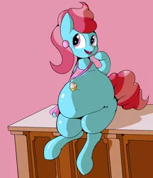 Size: 934x1080 | Tagged: safe, artist:jailbait, derpibooru import, cup cake, pony, apron, belly, belly button, big belly, clothes, counter, cupcake, fat, female, food, sitting, solo, squishy