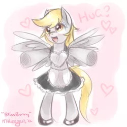 Size: 500x500 | Tagged: safe, artist:felynea, derpibooru import, derpy hooves, pony, bipedal, clothes, heart, incoming hug, maid, solo