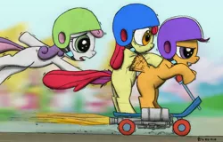 Size: 3124x1996 | Tagged: apple bloom, artist:jarwall, cutie mark crusaders, derpibooru import, safe, scootaloo, scooter, sweetie belle