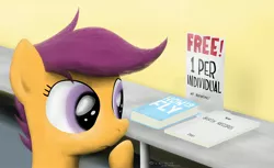 Size: 3000x1836 | Tagged: artist:jarwall, book, derpibooru import, dilemma, safe, scootaloo, solo