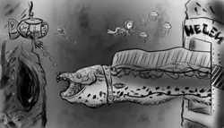 Size: 1280x731 | Tagged: artist:freefox, artist:freefoxmx, chains, collar, crab, crossover, derpibooru import, eel, fish, fluttershy, hole, jellyfish, metal slug, monochrome, monster, moray eel, muffin, open mouth, quarray eel, rainbow dash, safe, smiling, submarine, swimming, tank, underwater