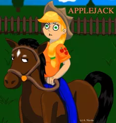 Size: 793x841 | Tagged: applejack, artist:aura-cat, derpibooru import, horse, humanized, safe, surprised