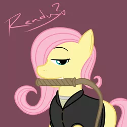 Size: 1000x1000 | Tagged: suggestive, artist:comradeiota, derpibooru import, fluttershy, pony, clothes, female, looking at you, mare, mouth hold, solo, whip