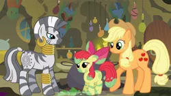 Size: 1719x968 | Tagged: apple bloom, applejack, artist:immortaltanuki, bodypaint, derpibooru import, safe, tribal, zebra, zecora