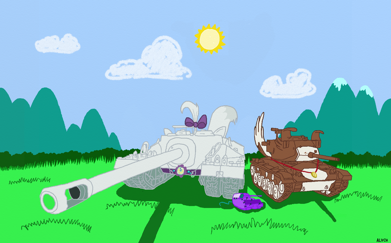 Size: 1600x994 | Tagged: artist:alvchfokarev, derpibooru import, opalescence, pony tank, safe, tank (vehicle), winona