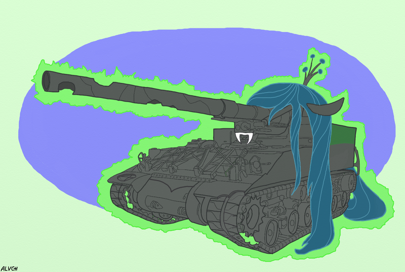 Size: 1581x1062 | Tagged: artist:alvchfokarev, derpibooru import, pony tank, queen chrysalis, safe, tank (vehicle)