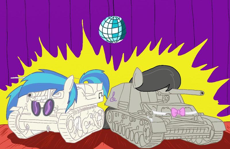 Size: 1280x832 | Tagged: artist:alvchfokarev, derpibooru import, octavia melody, pony tank, safe, tank (vehicle), vinyl scratch