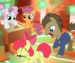 Size: 1600x1333 | Tagged: adorabloom, apple bloom, artist:madmax, cute, cutealoo, cutie mark crusaders, derpibooru import, diasweetes, doctor whooves, end of the multiverse, eyes closed, mouth hold, red button, safe, scootaloo, sonic screwdriver, sweetie belle, tardis, time turner