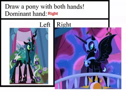 Size: 920x677 | Tagged: safe, derpibooru import, edit, edited screencap, screencap, nightmare moon, queen chrysalis, alicorn, changeling, changeling queen, pony, a canterlot wedding, friendship is magic, female, game, image, joke, jpeg, mare, meme, meta