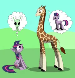 Size: 1180x1226 | Tagged: alien, derpibooru import, eye contact, giraffe, looking up, open mouth, safe, sitting, surprised, twilight sparkle, wide eyes, zebra