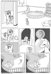 Size: 1200x1720 | Tagged: artist:muffinshire, bed, comic, derpibooru import, filly, jewelry, mare in the moon, monochrome, moon, princess celestia, regalia, safe, smarty pants, twilight sparkle