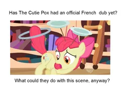 Size: 1053x745 | Tagged: safe, derpibooru import, edit, edited screencap, screencap, apple bloom, earth pony, pony, the cutie pox, cutie pox, discussion, dub, fake cutie mark, female, filly, french, hub logo, looking at self, loop-de-hoop, meta, multiple cutie marks, open mouth, plate spinning, solo, text