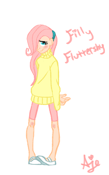 Size: 750x1200 | Tagged: artist:amandaje, breasts, clothes, delicious flat chest, derpibooru import, female, flattershy, fluttershy, humanized, safe, skinny, solo, sweater, sweatershy