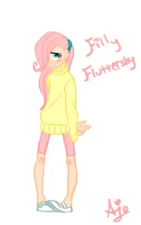 Size: 750x1200 | Tagged: artist:amandaje, breasts, clothes, delicious flat chest, derpibooru import, female, flattershy, fluttershy, humanized, safe, skinny, solo, sweater, sweatershy