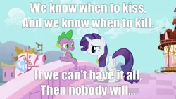 Size: 1280x720 | Tagged: safe, derpibooru import, rarity, spike, female, garbage (band), image macro, james bond, male, shipping, song reference, sparity, straight, the world is not enough