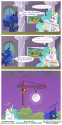 Size: 2000x4004 | Tagged: safe, artist:axemgr, derpibooru import, derpy hooves, princess celestia, princess luna, trixie, pegasus, pony, comic, crane, female, glasses, mare