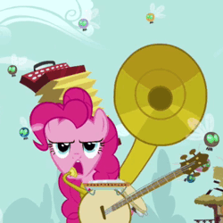 Size: 360x360 | Tagged: safe, derpibooru import, screencap, pinkie pie, earth pony, parasprite, pony, swarm of the century, accordion, animated, banjo, cropped, cymbals, female, harmonica, mare, musical instrument, one-pony band, puffy cheeks, solo, sousaphone, tambourine, tuba