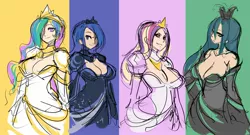 Size: 1817x983 | Tagged: suggestive, artist:maniacpaint, derpibooru import, princess cadance, princess celestia, princess luna, queen chrysalis, human, breasts, busty princess cadance, busty princess celestia, busty princess luna, busty queen chrysalis, female, females only, humanized, royal sisters