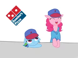 Size: 600x450 | Tagged: artist needed, clothes, crossover, derpibooru import, domino's, dominos, domino's pizza, fast food, food, hat, parody, pinkie pie, pizza, rainbow dash, safe, source needed, uniform, waitress, working