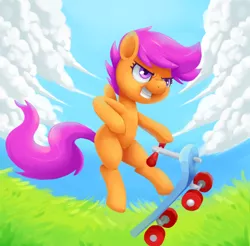 Size: 2930x2882 | Tagged: safe, artist:verrmont, derpibooru import, scootaloo, pegasus, pony, action pose, cloud, high res, scooter, solo