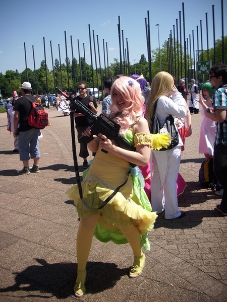 Size: 480x640 | Tagged: airsoft, ar15, artist:emulux, artist:pinku keks, clothes, cosplay, derpibooru import, dokomi, dress, fluttershy, gala dress, grand gala project, gun, human, irl, irl human, no trigger discipline, photo, rifle, safe, weapon