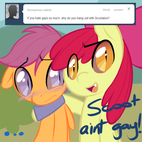 Size: 500x500 | Tagged: apple bloom, artist:florecentmoo, derpibooru import, lesboloo, racist apple bloom, safe, scootaloo, tumblr