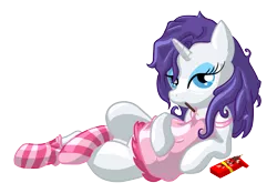 Size: 2755x1915 | Tagged: suggestive, artist:balister, derpibooru import, rarity, pony, alternate hairstyle, bed mane, clothes, female, nightgown, pocky, socks, solo, solo female, striped socks, sultry pose