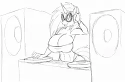 Size: 1280x839 | Tagged: anthro, artist:marauder6272, big breasts, breasts, busty vinyl scratch, cleavage, derpibooru import, female, grayscale, huge breasts, monochrome, solo, solo female, suggestive, vinyl scratch