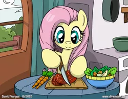 Size: 825x638 | Tagged: safe, artist:latecustomer, derpibooru import, fluttershy, pegasus, pony, carrot, cutting, dexterous hooves, female, salad, solo, tomato