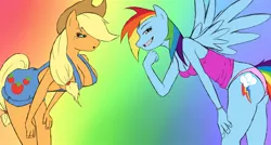 Size: 1280x686 | Tagged: anthro, applejack, artist:inuamaru, breasts, busty applejack, derpibooru import, female, rainbow dash, suggestive