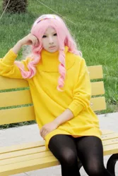 Size: 427x640 | Tagged: clothes, cosplay, derpibooru import, fluttershy, human, irl, irl human, japanese, photo, safe, solo, sweater, sweatershy