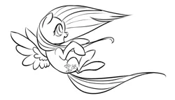 Size: 1398x805 | Tagged: safe, artist:rubrony, derpibooru import, fluttershy, pegasus, pony, female, grayscale, lineart, mare, monochrome, open mouth, profile, simple background, solo, spread wings, white background, windswept mane, wings