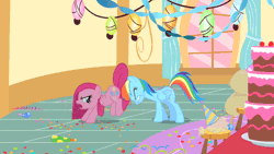 Size: 640x360 | Tagged: safe, derpibooru import, screencap, pinkie pie, rainbow dash, earth pony, pegasus, pony, party of one, angry, animated, balancing, butt, butt bump, butt smash, cake, eyes closed, facesitting, food, frown, glare, gritted teeth, open mouth, pinkamena diane pie, pushing, raised leg, scared, sitting, spread wings, wide eyes