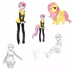 Size: 1500x1500 | Tagged: safe, artist:pas, derpibooru import, fluttershy, pony, arm warmers, belt, bra strap, breasts, clothes, delicious flat chest, flattershy, humanized, off shoulder, skinny, tailed humanization