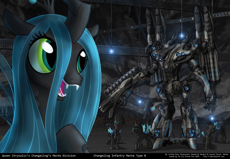 Size: 1600x1107 | Tagged: safe, artist:foxi-5, derpibooru import, queen chrysalis, changeling, changeling queen, deviantart link, fangs, female, giant robot, happy, image, jpeg, mecha, open mouth, slit eyes