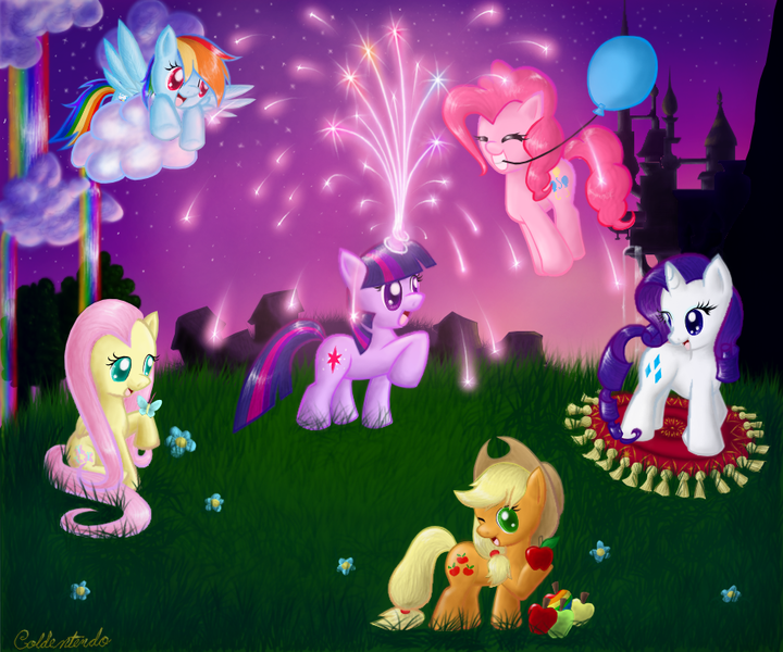 Size: 900x750 | Tagged: apple, applejack, artist:goldentendo, balloon, cloud, dead source, derpibooru import, fluttershy, food, magic, pinkie pie, rainbow dash, rarity, safe, twilight sparkle