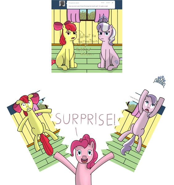 Size: 1950x2075 | Tagged: apple bloom, artist:pvryohei, ask, ask apple bloom and diamond tiara, derpibooru import, diamond tiara, pinkie pie, safe, tumblr