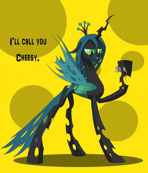 Size: 2466x2879 | Tagged: safe, derpibooru import, queen chrysalis, changeling, changeling queen, mouse, rat, bedroom eyes, cheese, dialogue, fangs, female, floppy ears, high res, image, jpeg, looking at someone, open mouth, pet, raised hoof, shadow, slit eyes, smiling, standing