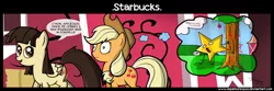 Size: 4200x1390 | Tagged: safe, artist:zsparkonequus, derpibooru import, applejack, wild fire, earth pony, pegasus, pony, comic, dialogue, female, mare, shrunken pupils, sibsy, speech bubble, starbucks, thought bubble