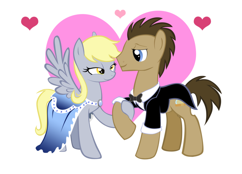 Size: 2338x1683 | Tagged: safe, artist:moostargazer, derpibooru import, derpy hooves, doctor whooves, time turner, pegasus, pony, bedroom eyes, clothes, doctorderpy, dress, female, male, mare, shipping, straight, suit