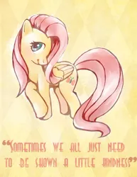 Size: 472x611 | Tagged: safe, artist:mr-boxerbriefs, derpibooru import, fluttershy, pegasus, pony, abstract background, female, folded wings, head turn, kindness, looking at you, mare, positive ponies, smiling, solo, standing, wings
