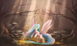 Size: 2000x1200 | Tagged: safe, artist:ajvl, derpibooru import, princess celestia, alicorn, pony, boulder, crepuscular rays, dead tree, female, forest, looking up, mare, missing accessory, rearing, scenery, solo, spread wings, tree, wings