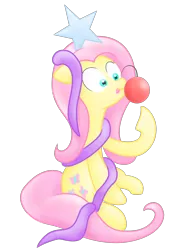 Size: 1500x1941 | Tagged: safe, artist:041744, derpibooru import, fluttershy, pony, christmas decoration, christmas ornament, decoration, female, floppy ears, fluttertree, looking at something, mare, raised hoof, ribbon, simple background, sitting, solo, three quarter view, transparent background