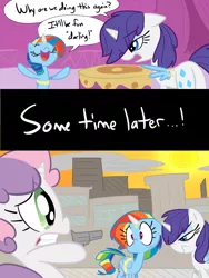 Size: 1050x1400 | Tagged: artist:elslowmo, artist:tess, derpibooru import, gun, rainbow dash, rarity, safe, spot the imposter, sweetie belle, sweetiedumb, this will end in tears and/or death