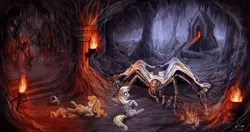 Size: 1200x635 | Tagged: semi-grimdark, artist:ziom05, derpibooru import, carrot top, derpy hooves, golden harvest, pegasus, pony, spider, derpy's and carrot top's journey, cave, dead, female, fight, mare, monster, scenery, scenery porn, skull, torch