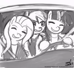 Size: 800x733 | Tagged: artist:johnjoseco, car, crossover, derpibooru import, fluttershy, grayscale, monochrome, night at the roxbury, parody, rainbow dash, safe, twilight sparkle, what is love