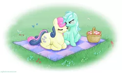Size: 2000x1200 | Tagged: safe, artist:muffinshire, derpibooru import, bon bon, lyra heartstrings, sweetie drops, butterfly, dragonfly, earth pony, pony, unicorn, basket, blushing, eyes closed, female, flower, grass, lesbian, lyrabon, picnic, picnic basket, picnic blanket, prone, shipping, smiling